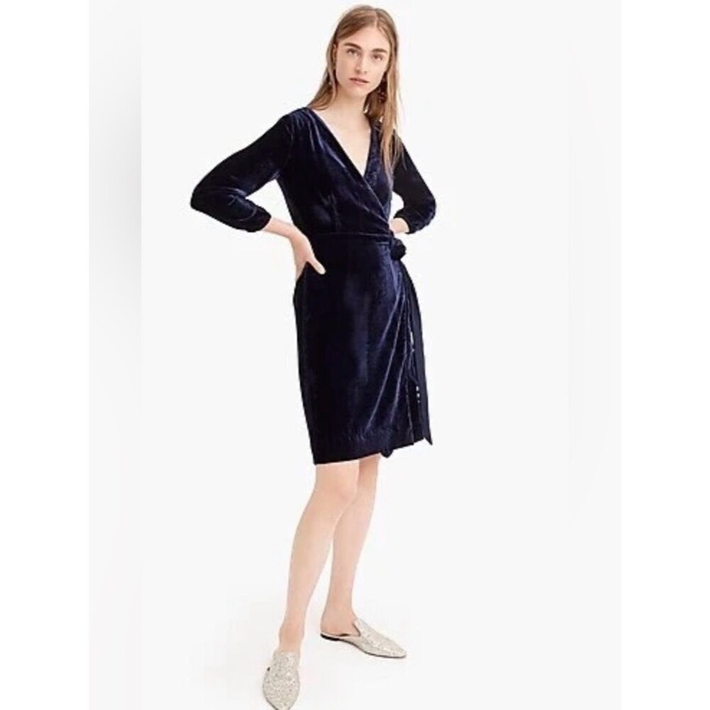 J.Crew Navy Blue Velvet Wrap Dress Women’s Size 10 Long Sleeve Holiday Cocktail